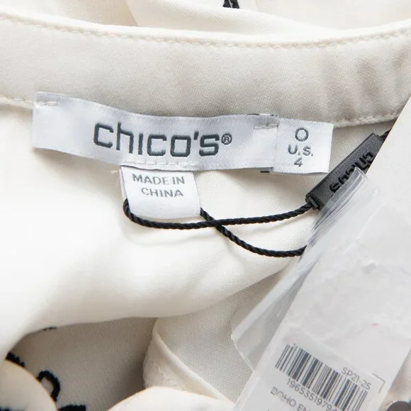 Chico's Satin Embroidered Blouse Bohemian Long Sleeve Off White Black Size 0 / 4 - Picture 4 of 6